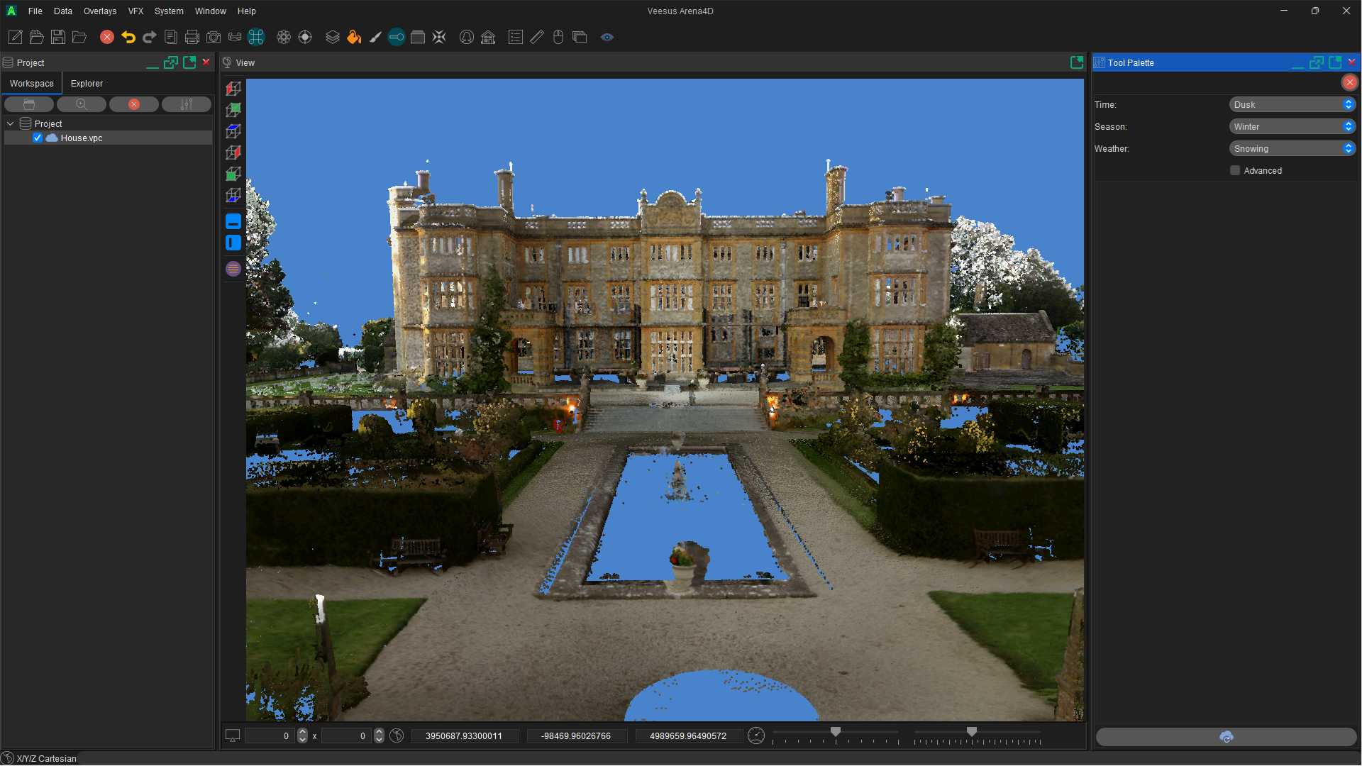 Arena4D Point Cloud visualisation with AI-enhanced dusk winter scene