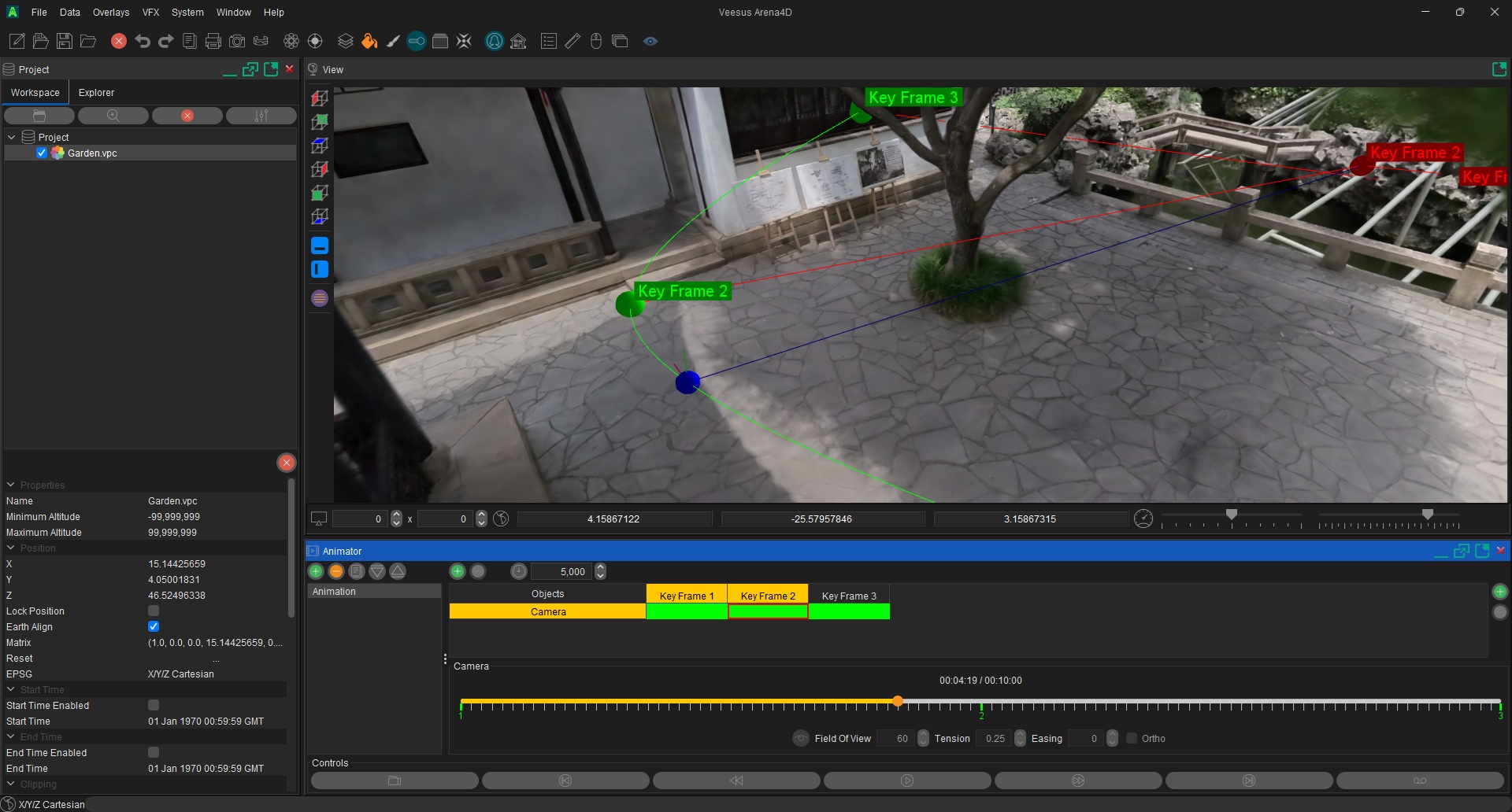 Arena4D animation keyframe editor showing camera path through garden