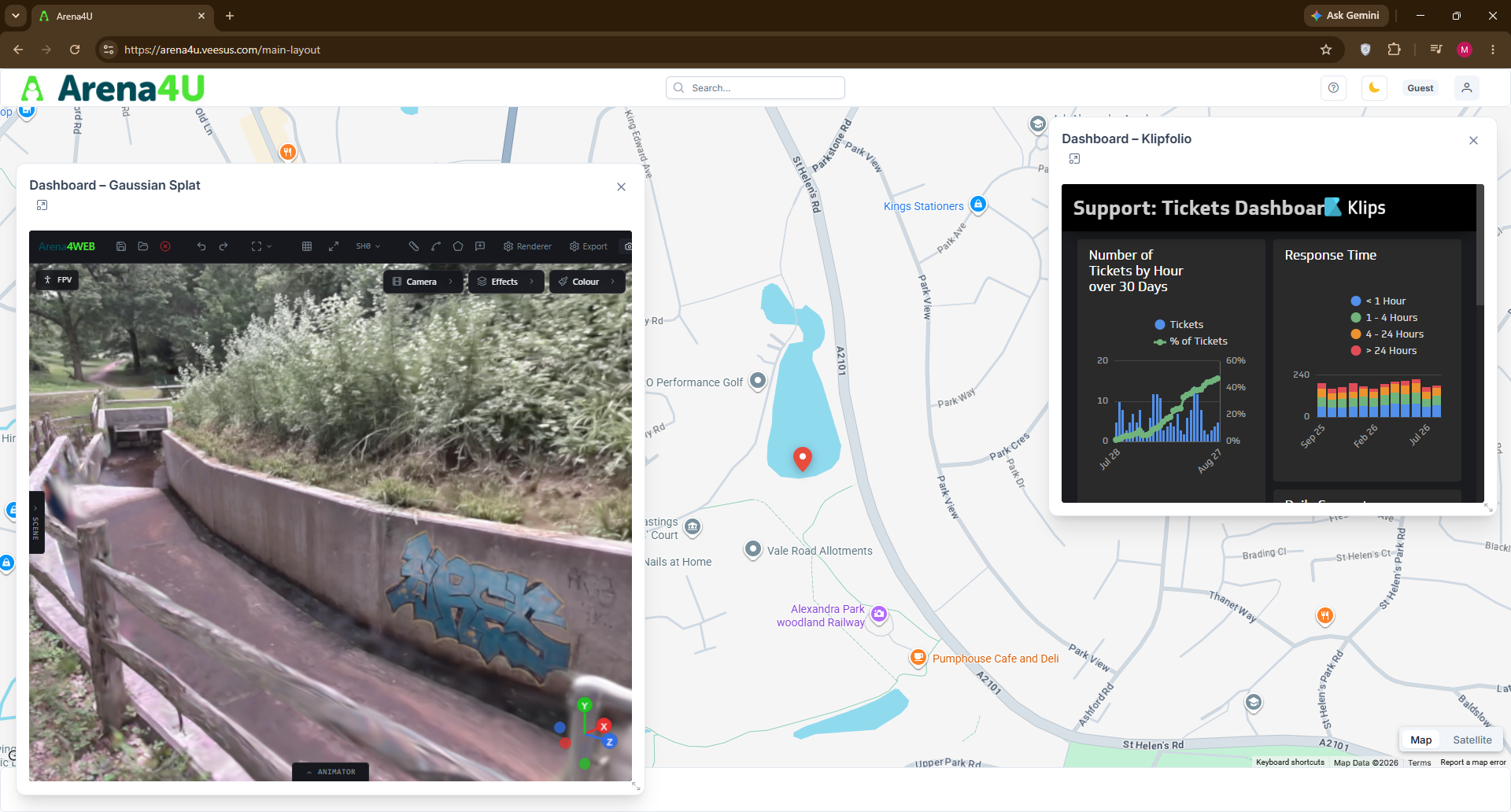 Arena4U dashboard showing 3D Gaussian Splat viewer, project map and support dashboards