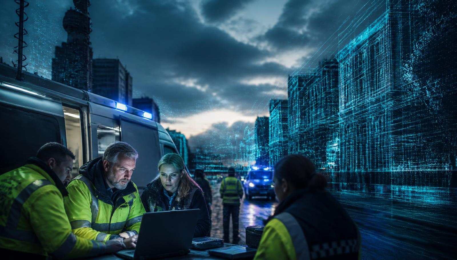 Mobile command unit streaming a live 3D scan of a building at night